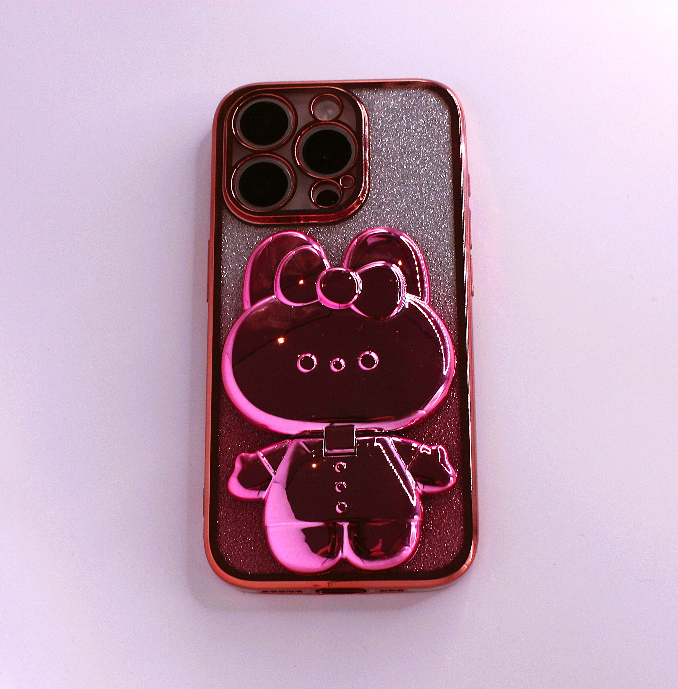 Cute Cat iPhone Cover med Glitter, Holder og Indbygget Makeupspejl – iPhone 12–16 Pro - Pink
