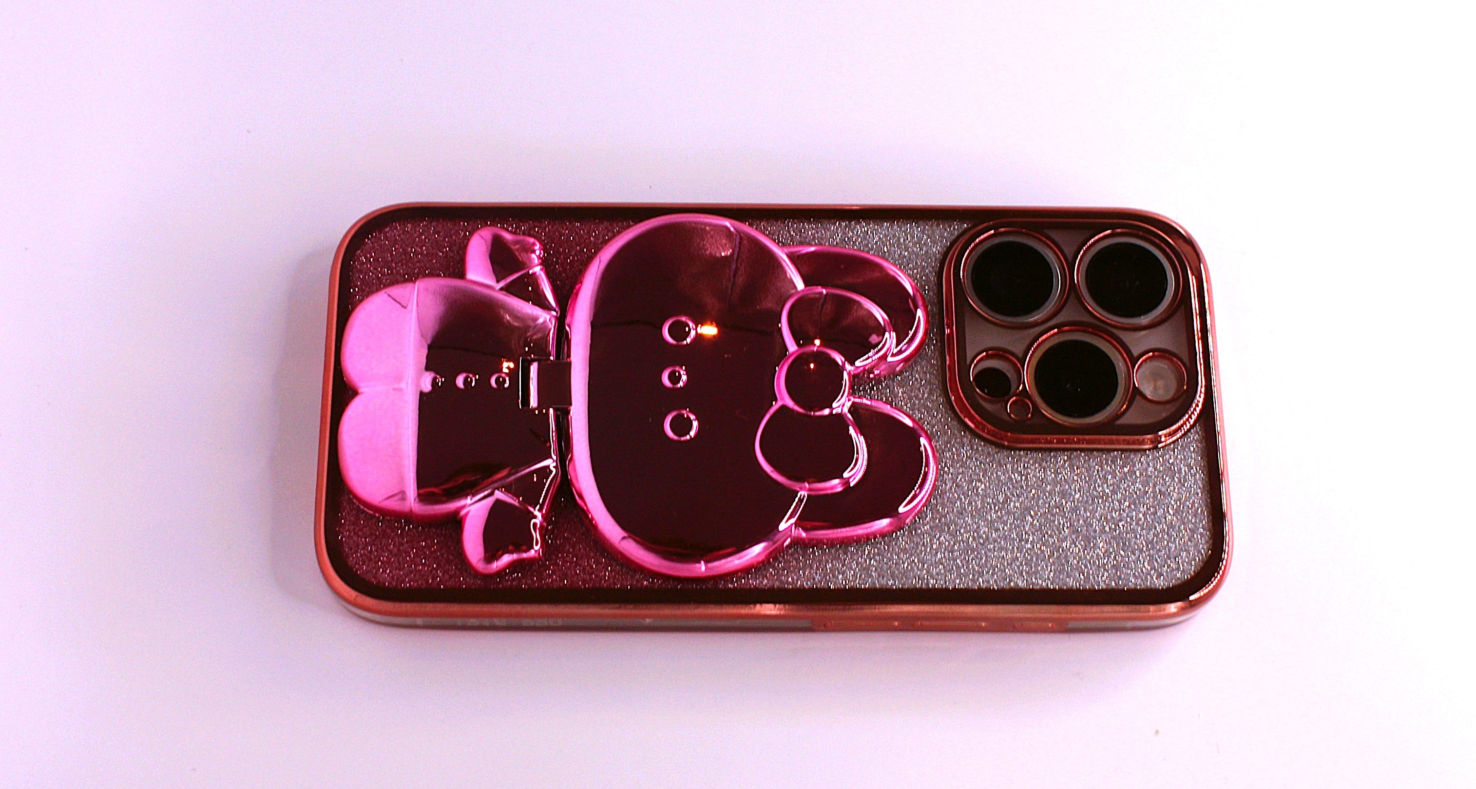 Cute Cat iPhone Cover med Glitter, Holder og Indbygget Makeupspejl – iPhone 12–16 Pro - Pink