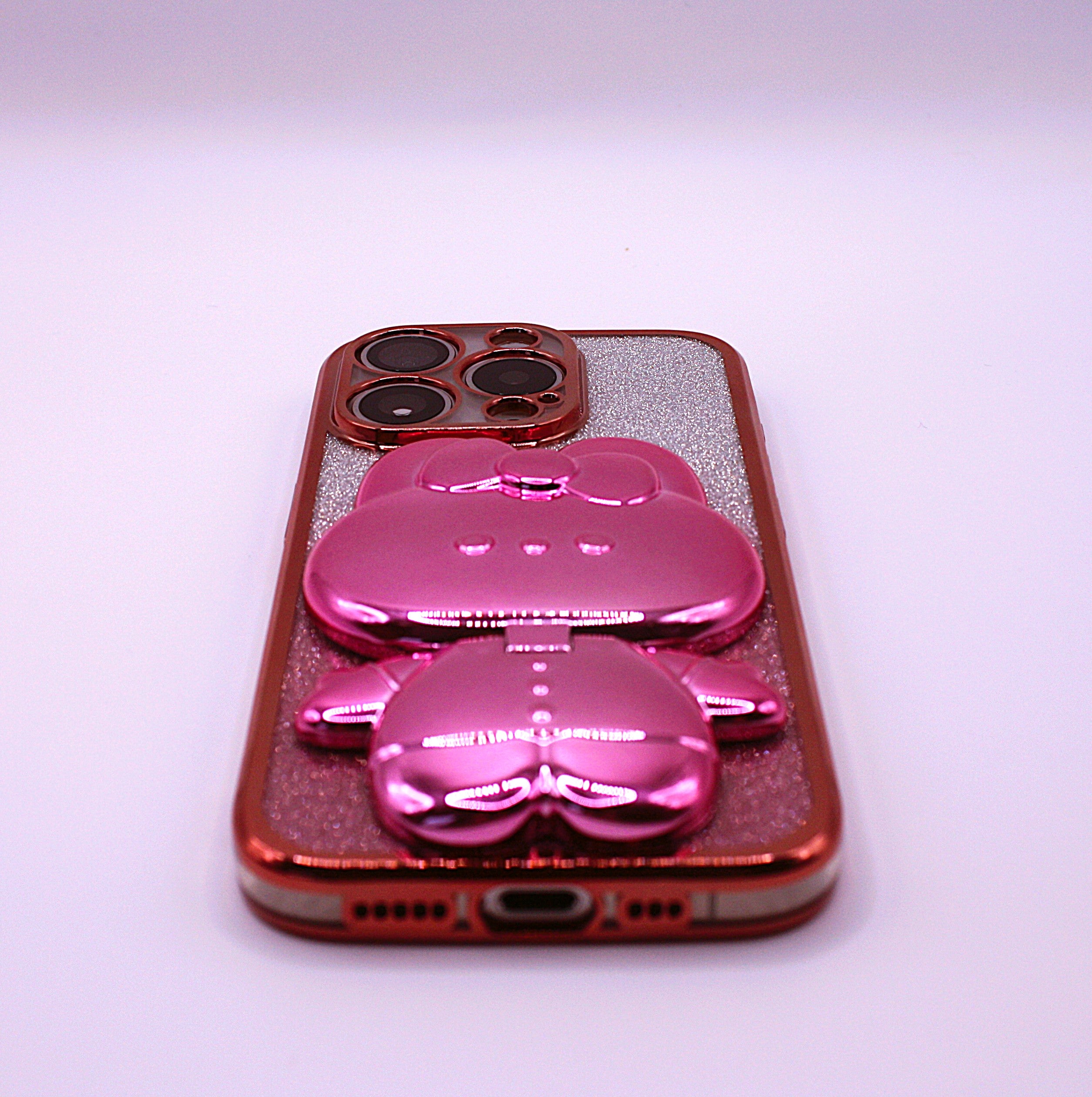 Cute Cat iPhone Cover med Glitter, Holder og Indbygget Makeupspejl – iPhone 12–16 Pro - Pink