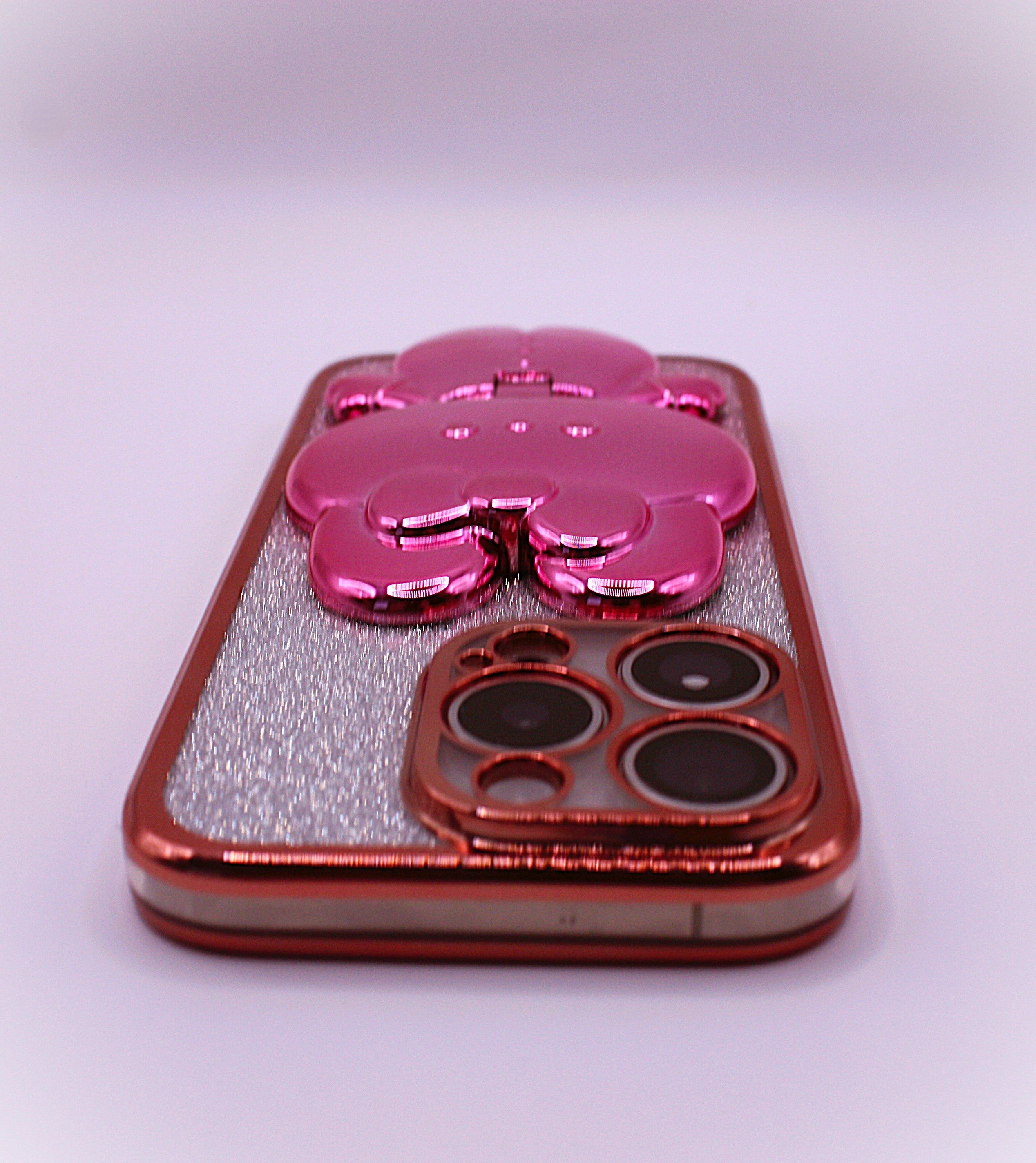 Cute Cat iPhone Cover med Glitter, Holder og Indbygget Makeupspejl – iPhone 12–16 Pro - Pink