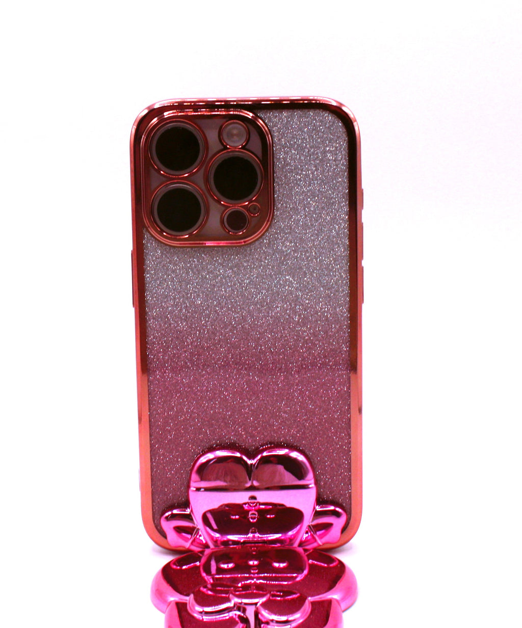 Cute Cat iPhone Cover med Glitter, Holder og Indbygget Makeupspejl – iPhone 12–16 Pro - Pink