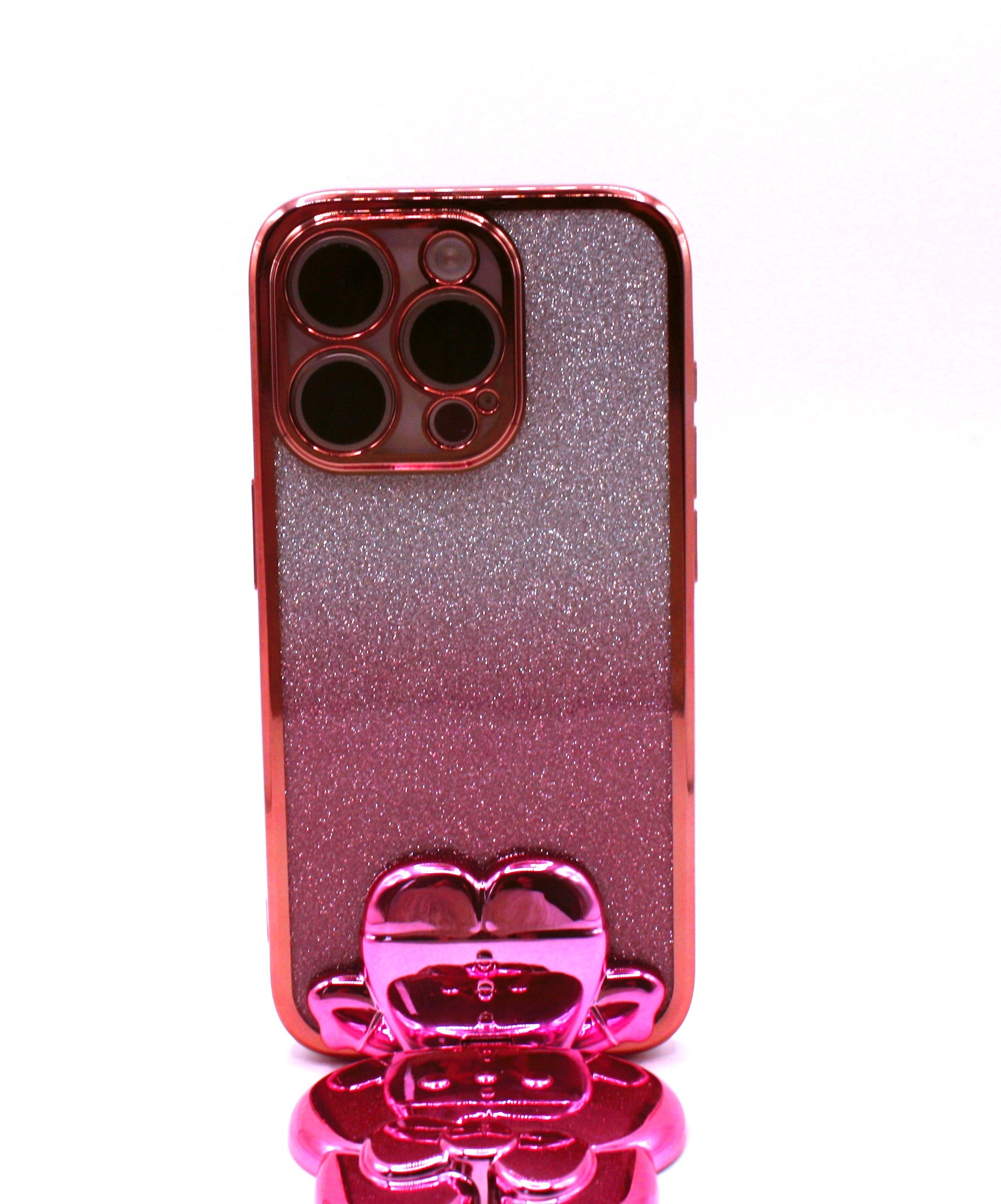 Cute Cat iPhone Cover med Glitter, Holder og Indbygget Makeupspejl – iPhone 12–16 Pro - Pink