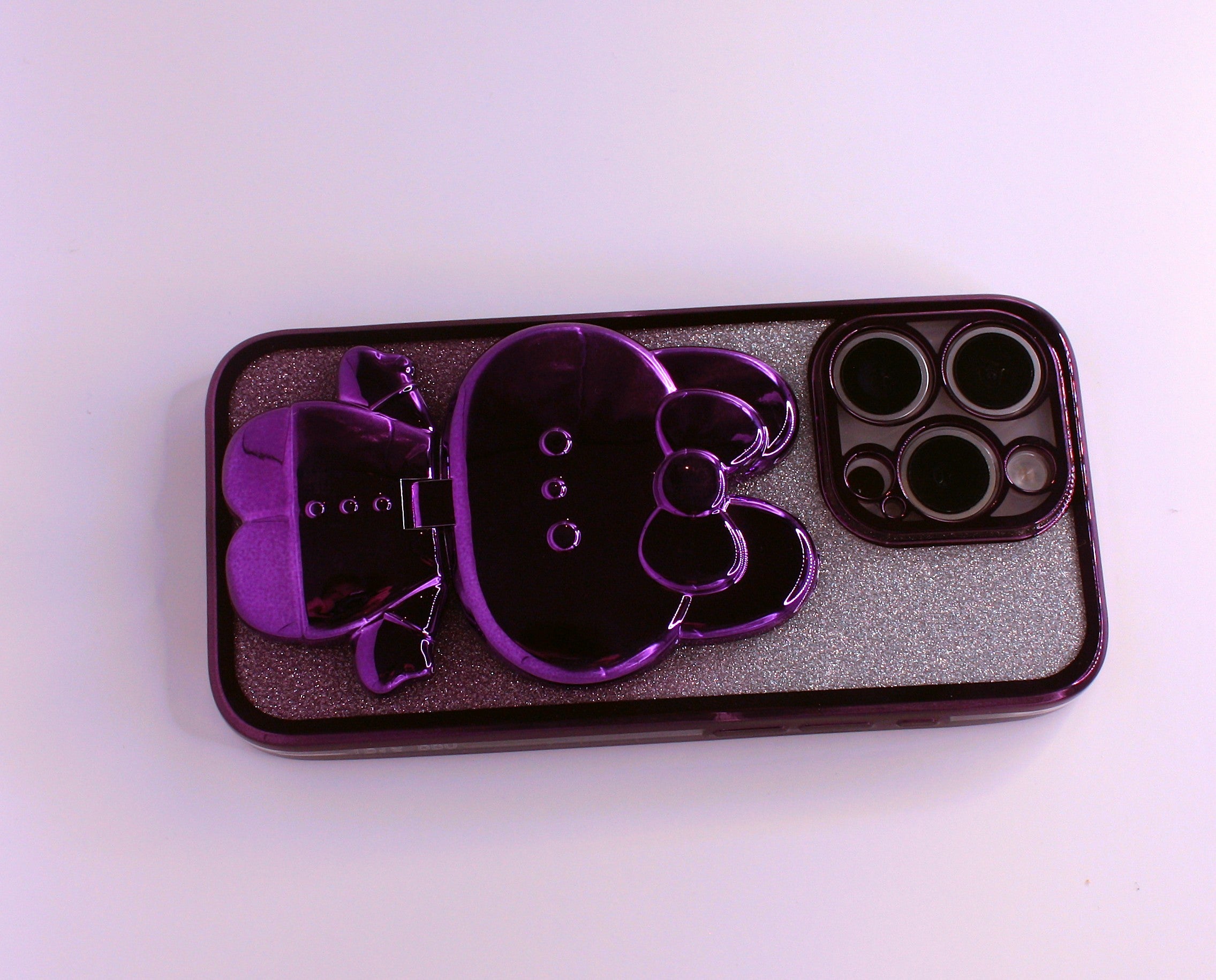 Cute Cat iPhone Cover med Glitter, Holder og Indbygget Makeupspejl – iPhone 12–16 Pro - Lilla