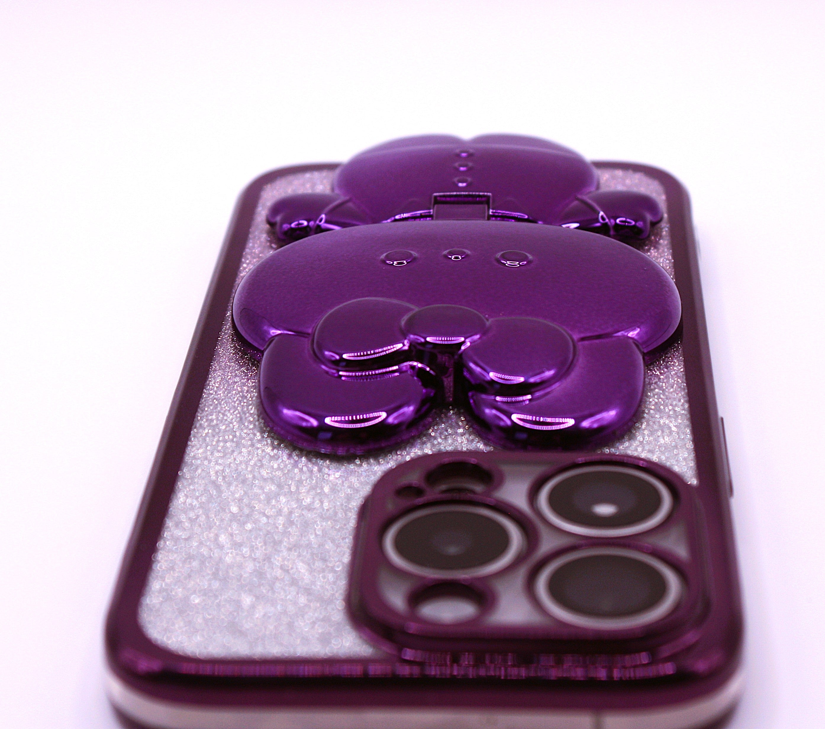 Cute Cat iPhone Cover med Glitter, Holder og Indbygget Makeupspejl – iPhone 12–16 Pro - Lilla